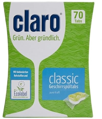 CLARO Classic Öko Geschirrspül-Tabs - 70 Spülmaschinen-Tabs - phosphatfrei, umweltfreundlich & vegan - wasserlösliche Folie