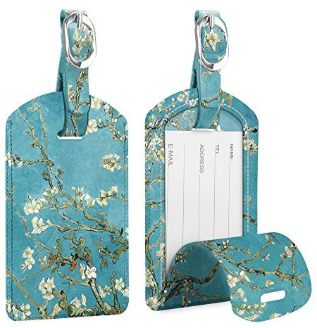 [2 Stück] Fintie Kofferanhänger aus Kunstleder, Gepäckanhänger ID Etikett mit Adressschild Namenschild für Reisetasche Koffer, Mandelblüten