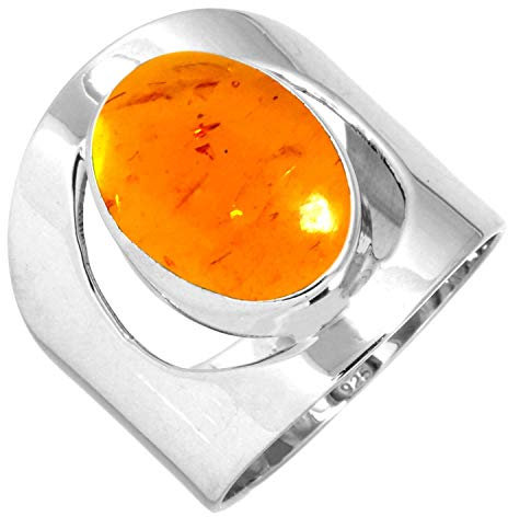 Jeweloporium Oranger Bernstein-Silberring, Größe 68 (21,6), 925er Sterlingsilberring für Damen, ovaler Edelstein, handgefertigter Schmuck