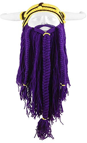 YEKEYI Herren Lustige Mütze Wikinger Bart Beanie Horn Hut Lange Bart Hüte Winter Strickwolle Warme Kappe Gr. Einheitsgröße, Purple-B