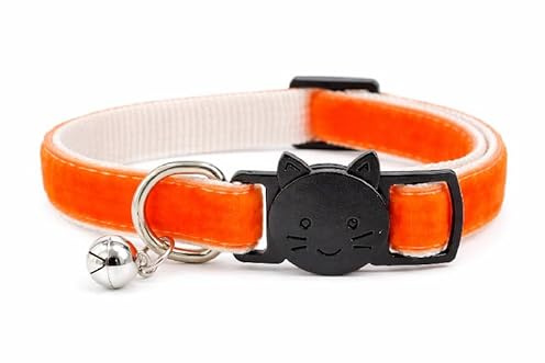 Velvet Cat Collars with Bell | Quick Safety Release Breakaway Buckle | Handmade in the UK | Available in Cat & Kitten Size | Orange Velvet