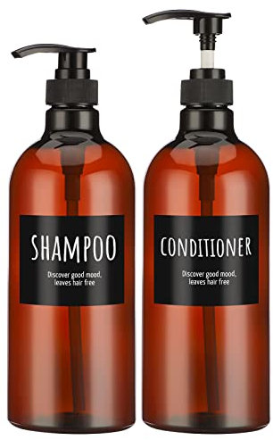 Segbeauty 2 flacons Pompes pour shampooing et revitalisant, 1000ml Marron Bouteilles en Plastique vides avec étiquettes, Grandes Bouteilles de Presse à Pompe Rechargeables de 33,8 oz