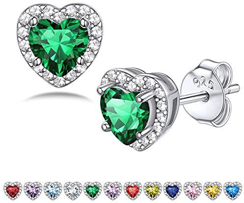 Bestyle Clous d'oreilles pour Femmes en Argent S925 de 5 mm cœur Boucles d'oreilles en Pierre de Naissance en Zircon Blanc-Mai Emeraude