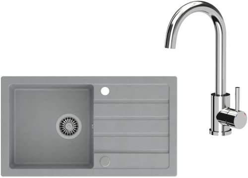 VBChome Spülbecken mit Armatur 77 x 44 cm Grau Spüle Einzelbecken Küche Einbauspüle Verbundspüle Küchenspüle gesprenkelt flächenbündig Siphon Waschbecken