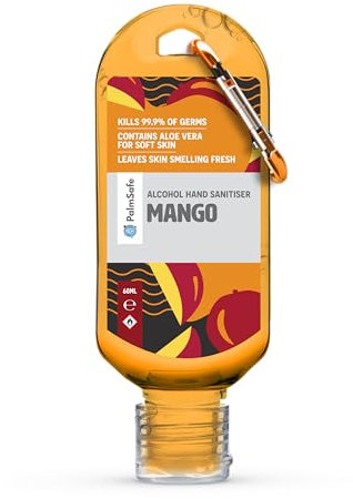 Palm Safe Mango 60ml Anti Bacterial Premium Hand Sanitiser Travel Size Refillable Clip Bottle Quick Drying Non Sticky Extra Moisturising Kills 99.9% of Viruses and Bacteria