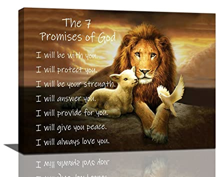 Lion of Judah Wall Art Lion and Lamb Canvas Painting Prints Christian Gifts Religious Wall Decor the 7 Promises of God Motivational Pictures Framed Artwork for Bedroom Living Room Bathroom 16x12