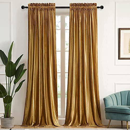 SANCHUNG Gold Velvet Curtains for Living Room Blackout Thermal Insulated 2 Panels Rod Pocket Darkening Drapes 90 Width x 90 Length Inch for Bedroom