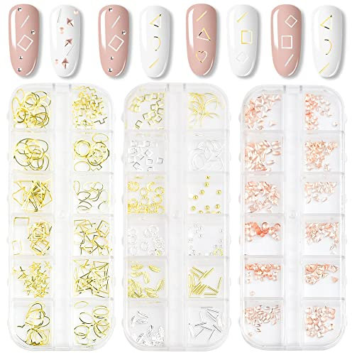 WENRERO Nail Art Kit, 3 Stück Metall Nagel Kunst 3D Epoxidharz Füllmaterial Harzfüller für Nägel, Gold, Romantic, Wasserabweisend, Lagerbox