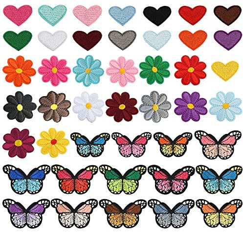 Gativs Blumen Applikation 44 Stück Aufnäher Bügelsticker Patches Bügeln Gemischt Flicken Zum Aufbügeln Bestickte Reparatur Schmetterlingsmuster Herzform