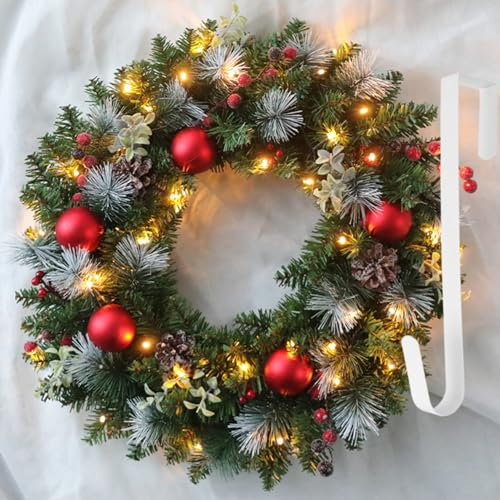 40CM Weihnachtskranz Adventskranz Hängend Weihnachtsdeko Tür Kranz Mit 40 LE-D und Haken, Weihnachtlicher Türschmuck für Home Office Weihnachten Dekor (Rot)