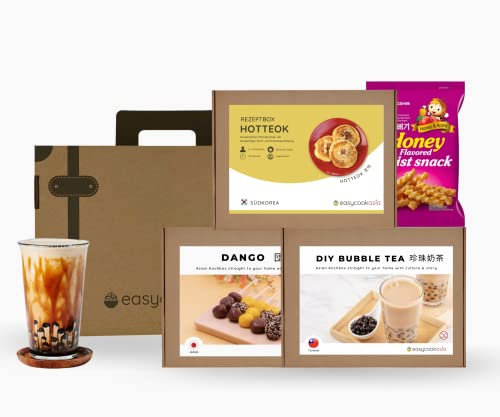 EasyCookAsia Dessert Box | Geschenkset mit 3 asiatische süße Dessert | DIY Bubble Tea, japanische Mochi, koreanische süße Pfannkuchen | inkl Tapioka Boba Perlen, Mochi Mehl und freundliche Anleitung