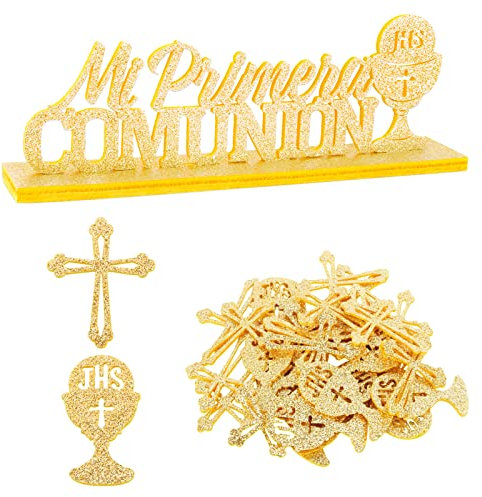 Adornos Mi Primera Comunión Purpurina + 36pcs Confeti de Espuma Decoración Primera Comunión Bautizo Mesa Dorado Niña Niño