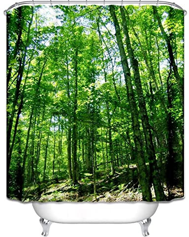 EHOMERY Duschvorhang Rollo Badewanne Badewannenvorhang Antischimmel Wald Duschvorhang Klemme Duschrollo Für Dusche Ohne Bohren Polyester Rostfreie Ösen Und 12 Hakenringe, 90X180Cm
