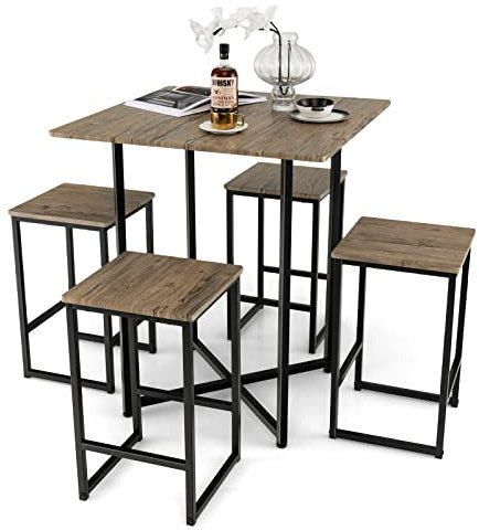 COSTWAY Juego de Mesa de Comedor de 5 Piezas, Juego de Mesa de Cocina Industrial con 4 Taburetes, Set de Mesa Cuadrada para Espacios Pequeños, Juegos de Mesa Alta con Estructura de Metal