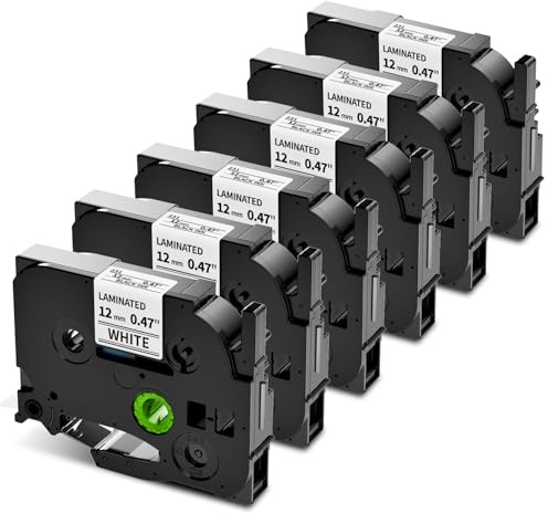 Upwinning Aze Tape 12mm 0.47 Laminated White, 12mm x 8m, 6 Pack | TZe-231 TZ Tape Cassette Black on White Laminated, Compatible For Brother P-touch 1000 H105 H107 E110 H200 D210 Label Makers
