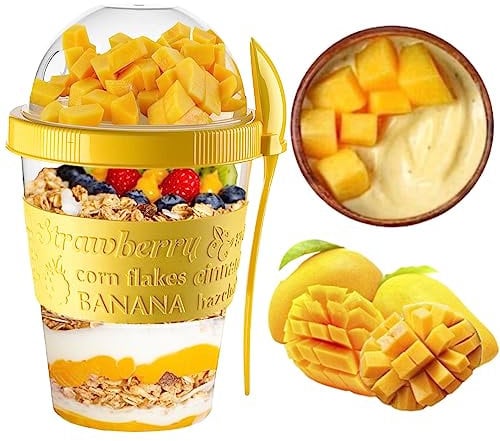 vingardium leviosa VL Yogurt Pots Spoon Reusable 600ML Overnight Oats Container Muesli Cup with Lid BPA free Breakfast Cereal On Go Dishwasher Safe Snack Lunch Oatmeal Jars Travel Meal Food (Yellow)