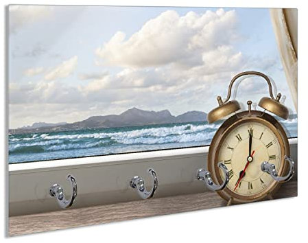 Wallario Handtuchhaken für Bad & Küche aus Glas 30 x 20 cm, Wand Handtuchhalter mit 4 Haken, Motiv: Guten Morgen SAGT das Meer - Wecker und Vorhang am Fenster