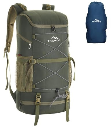 TRAWOC Sac à dos de voyage pour homme et femme, sac à dos pour ordinateur portable de 40 litres avec housse de pluie et compartiment à chaussures, sac décontracté pour trekking et randonnée, Vert