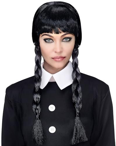 W WIDMANN MILANO Party Fashion - Perücke Dark Girl, schwarz, 2 geflochtene Zöpfe, Flechtfrisur, Wednesday, Gothic