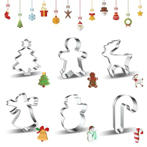 GYHWOFUL 6PCS Ausstechformen Weihnachten, Edelstahl Plätzchen Ausstecher, Keksausstecher für Kinder Geburtstag Party Deko, Weihnachtsbaum, Lebkuchenmann, Spazierstock, Schneemann, Hirsch, Glocken