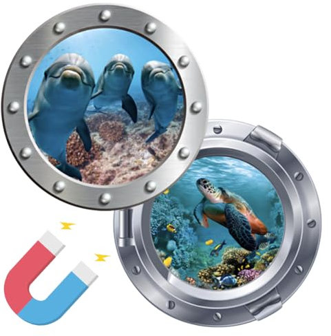 2 Pcs Cruise Door Decorations Magnetic Cruise Porthole Door Magnets Palm Tree Dolphin Cruise Magnet The Sea Nature Scenery Fridge Decor for Carnival Refrigerator Car, 9.4 Inch(Marine Style)