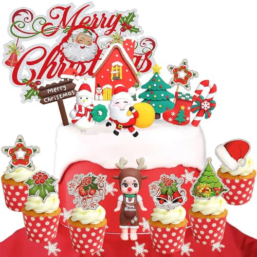 SUNSK Tortendeko Weihnachten Cupcake Topper Merry Christmas Cake Topper Weihnachten Kuchen Topper Weihnachtsmann Weihnachtsbaum Schneemann Kuchendeko für Weihnachts 21 Stück