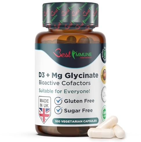 Vitamin D3 1000IU Magnesiumglycinat 400 mg Bioaktive Cofaktoren Premium Qualität Naturprodukt Ideale Stärke 100 Vegetarische Kapseln Höchste Bioverfügbarkeit