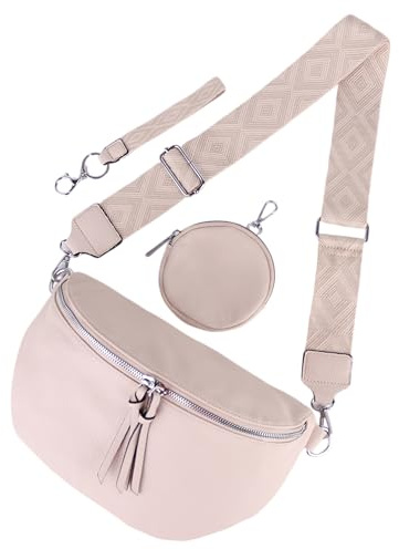 MIRROSI® Bauchtasche Damen, Veganleder 30x19x10cm, Umhängetasche, Brusttasche, Crossbody bag, Kunstleder leder, verstellbare Schulterriemen Bohemian Style (Dunkel Beige)