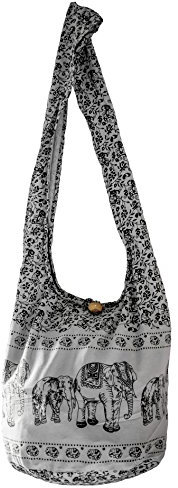 CCcollections Umhängetasche aus Baumwolle, große Boho-Hippie-Hobo-Handtasche mit 40 Drucken – Unisex-Umhängetasche ((Elephant-Grey Black))