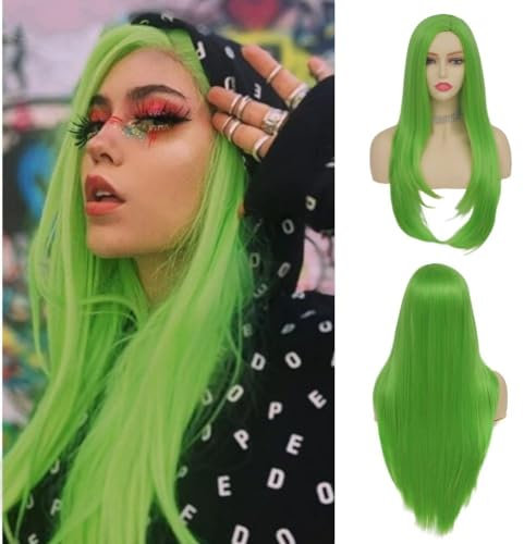 Salaibs Frauen Grün Gerade Lange Perücke Seitenteil Hitzebeständige Kunstfaser Haar Perücken für Cosplay Kostüm Halloween Gebrauch