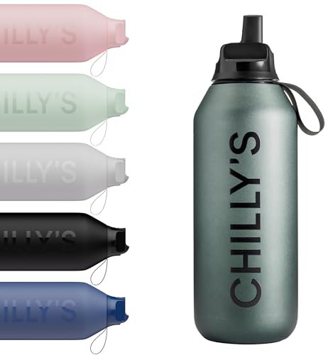 Chilly's Series 2 Flip Water Bottle with Sports Flip Lid, Telescopic Straw and Nylon Carry Loop - Easy Flip Lid, Straw Cleaning Brush Included - 500ml - Ombre, Slate