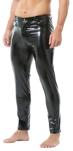 QiaTi Pantalones de piel sintética para hombre, informales, elásticos, de piel sintética, pierna recta, ajustados, pantalones largos para motociclismo, club nocturno, pantalones largos, 2#negro, L