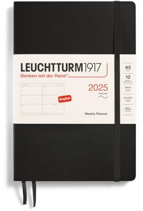 LEUCHTTURM1917 370784 Wochenkalender Medium (A5) 2025, Softcover, Schwarz, Englisch