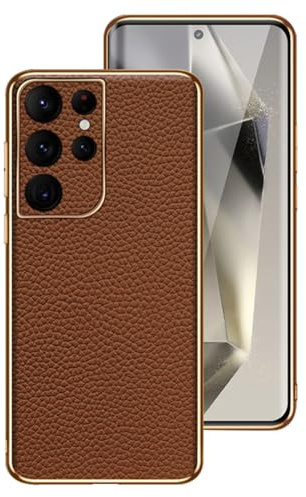LUOTILAG Cover per Samsung Galaxy S24 Ultra/S24 Plus/S24, Placcatura Sottile Cover Protezione Dell'obiettivo Texture Litchi Custodie de Vera Pelle Cover,Ottone,S24