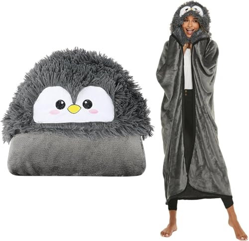 Hengrongshen Winter Grauer Pinguin Geschenke für Frauen, Tragbar Kuscheldecke Flauschig Mit Niedlichen Tiermotiven, Kuscheldecke Geschenk Freundin Geburtstag Warme Kapuzendecke