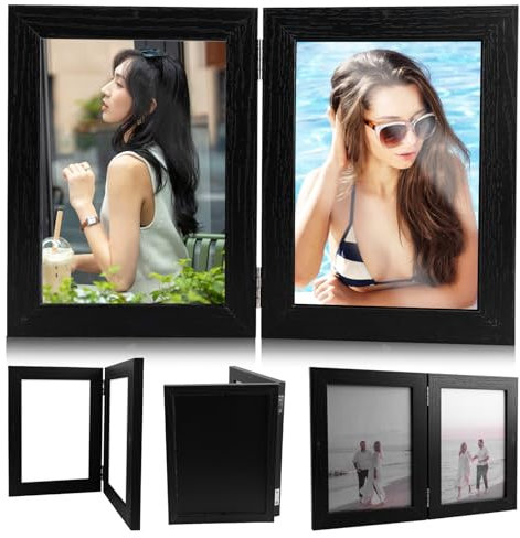 SPORWAY Cornice portafoto in legno, 13 x 18 cm, per 2 foto: pieghevole, doppia cornice, cornice per ritratto, cornice da parete, collage 3D, per scrivania, famiglia, matrimonio