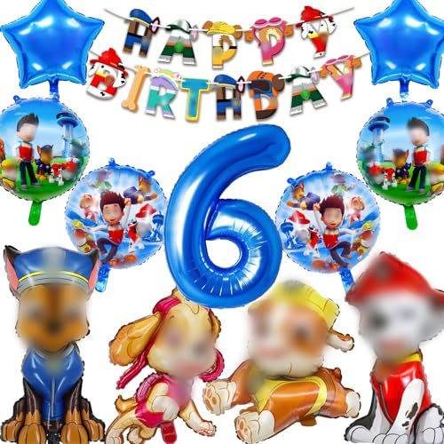 Hierein Geburtstagsdeko 6 Jahre Jungen, XXL Paw Dog Luftballons Deko Geburtstag, 12 Stück Hund Patrol Folienballon Kindergeburtstag Deko für 6 Jahre Geburtstag Jungen Kinder, Party Deko Ballons