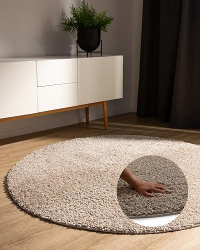 benuta Basic Hochflorteppich Teppich Wohnzimmer Sohari - Beige 80 cm Rund - Minimalistischer Look - Weich & Waschbar - Für Schlafzimmer, Flur oder Esszimmer - Geeignet für Fußbodenheizung