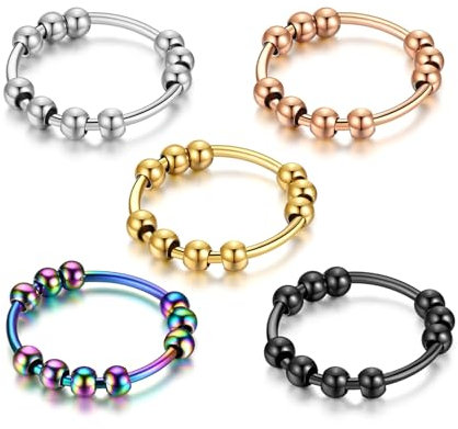 T TAKONE 5 Stück Anti Stress Ring – Stresslindernd mit Bunten Perlen, Ideal für Mädchen und Damen (m)