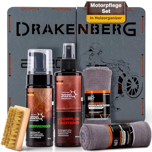 Drakenberg 2020 Polychrom Lederpflege Set – Premium Lederreiniger und Lederpflege mit 2 Mikrofasertüchern und Bürste in Edler Holzbox – Perfekt für Motorradsättel, Sitzbänke und Motorradleder