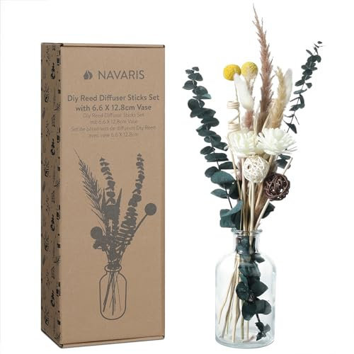 Navaris Set Difusor de Aromas - Ambientador para Aceites Esenciales con Jarrón de Cristal y Variedad de Varillas - Ambientadores para Casa Baño Oficina Habitacion y Aromaterapia
