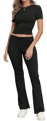 IWOLLENCE Lounge Set Damen Zweiteiler Hausanzug Kurzarm Oberteil mit Breitem Elastischem Hosenbund Schlaghose Loungewear Set (Schwarz, S)