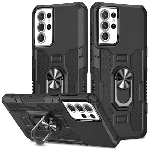 Demnkun Handyhülle für Samsung Galaxy S21 Ultra 5G Hülle, Militärschutz Stoßfest Robust Samsung Galaxy S21 Ultra 5G Schutzhülle, Outdoor Harte Telefon Case mit Metall Ring Ständer Schwarz