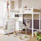 Zravenna Hochbett 90 x 200 mit Schreibtisch mit Regal und 3 Schubladen, Stauraumtreppe mit Schubladen,Kinderbett Etagenbett mit Rausfallschutz, Holzbett, Weiß