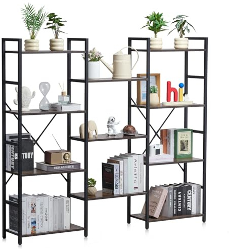 VEVOR Triple Metal Bookshelf, 11-Tier Industrial Bookshelf, Large Rustic Vintage Storage Bookcase with Open Shelves, Freestanding Display Shelving Unit Storage Rack, for Living room, Bedroom & Office