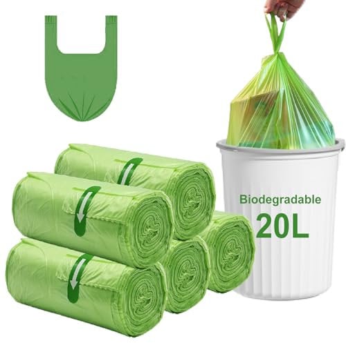 Rwoyurr Bin Liners 20L Tie Handle, 100PCS Green Food Waste Caddy Bags Biodegradable Compostable, Strong Recycling Degradable Trash Rubbish Bag Pedal Liner for Kitchen Office Bathroom Garbage, 50x62cm