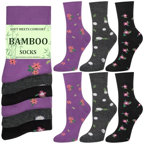 Cropgain 6 Paires Chaussettes en Bambou pour Femmes Sans Reliure, Chaussette de Dames Respirantes avec Motif de Fleurs, Cadeaux pour Dames,fleur 2,Taille unique