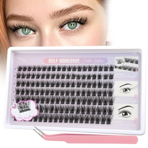 Glowing Win Pre Glued Eyelashes 133Pcs Self Adhesive Individual Cluster Lashes Kit with Tweezer No Glue Needed Reusable Press-On Eye Lashes Natural Look Easy to Apply 10-16MM