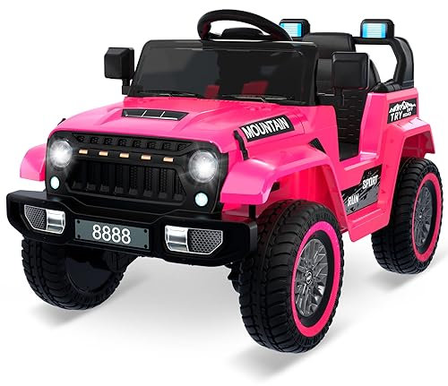 Voiture éLectrique pour Enfants 12 V, téléCommande 2,4 GHz, Bluetooth, Musique, Klaxons Et Phares, Trois Vitesses réGlables (Rose)