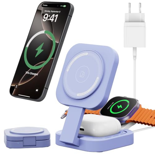 Chargeur sans Fil 3 en 1 pour appareils Apple, Chargeur Induction, 3 en 1 Station de Charge Rapide pour Magsafe iPhone 17/Air/16/15/14/13/12, Apple Watch,AirPods Pro/2/3/4 (Adaptateur Inclus) (Violet)
